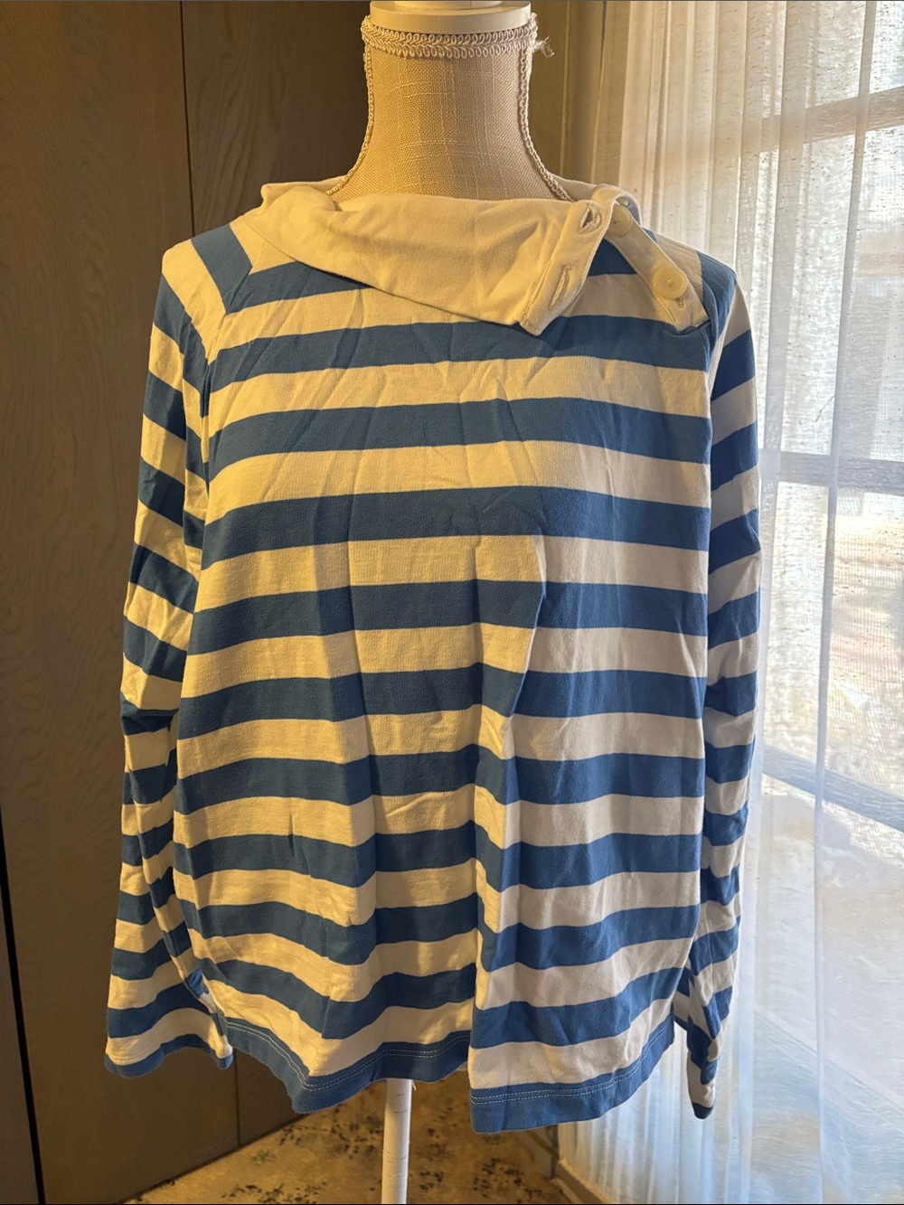J Crew Pullover Button Neck Sweatshirt Sweater Top Striped Nautical Beach Day